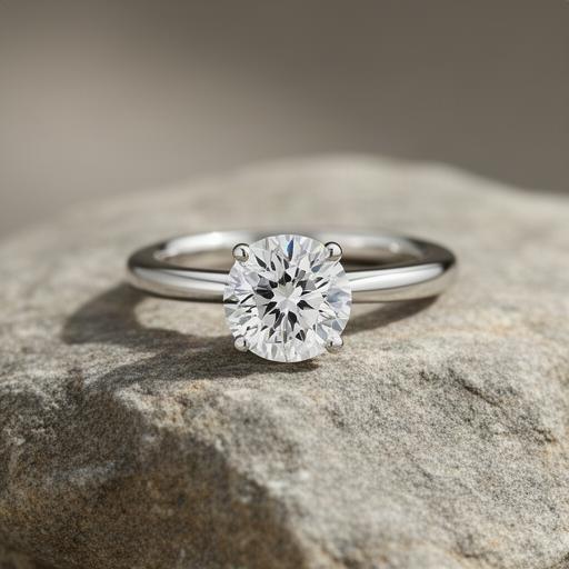 Round solitaire engagement ring in platinum displayed on a textured stone surface