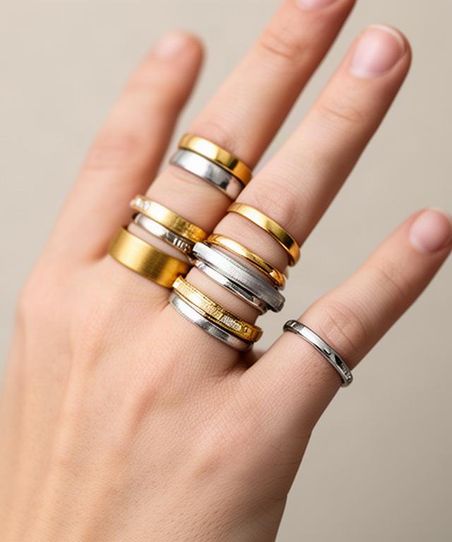 Stackable gold and platinum rings arranged across a hand against a neutral background