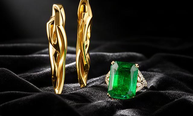 Bold sculptural gold earrings beside a large emerald ring on black velvet