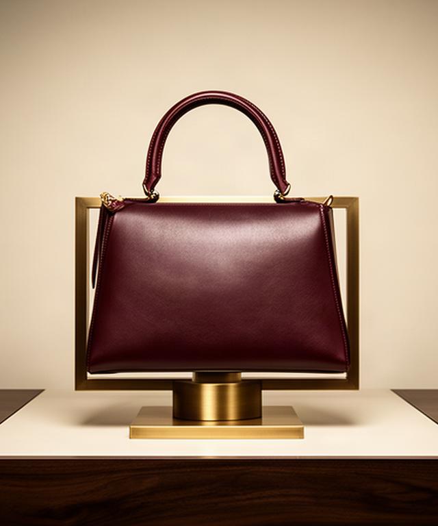 Structured burgundy leather handbag on a brushed brass display stand