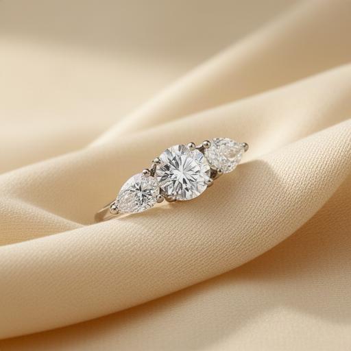 Three-stone engagement ring with pear side diamonds on a cream jewellery cloth