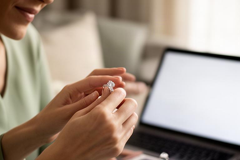 Jewellery specialist presenting a diamond ring beside a laptop during a private home consultation