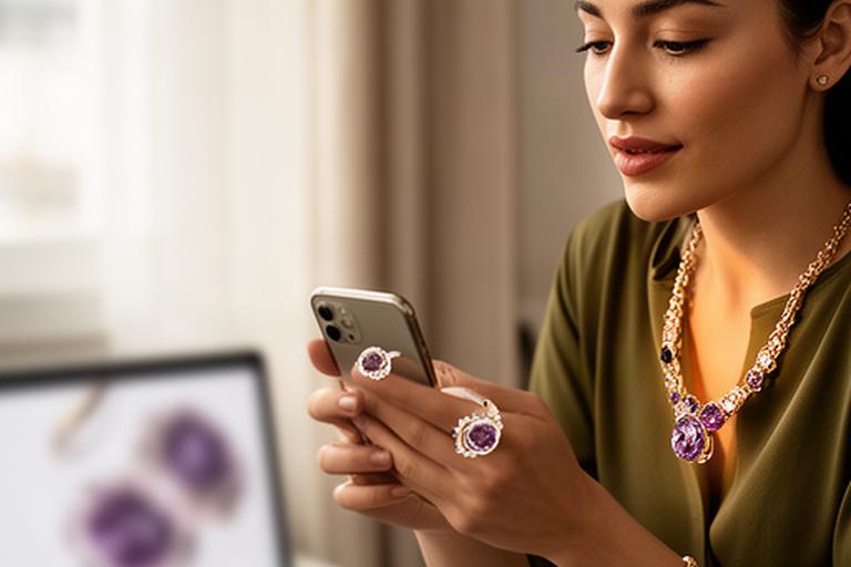 Client viewing a necklace and ring through a browser-based virtual try-on tool at home