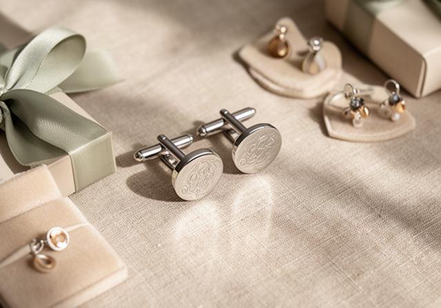 Engraved silver cufflinks and small jewellery gifts arranged on linen for a wedding party