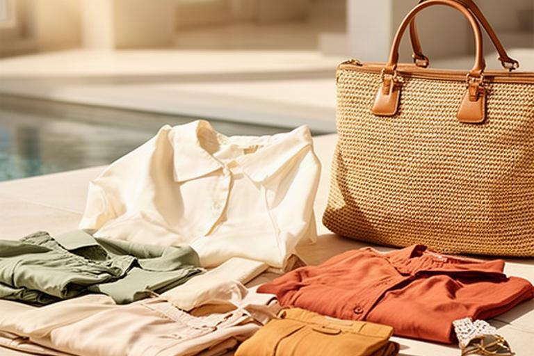 Relaxed luxury resortwear arranged beside a woven weekend bag