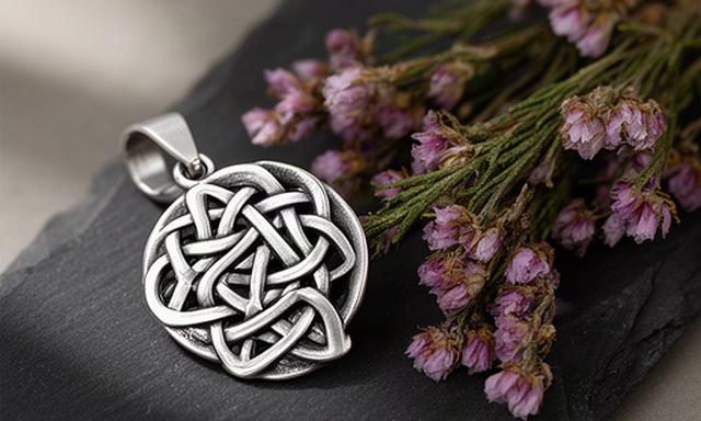 Celtic-inspired silver pendant displayed on slate beside dried Welsh heather