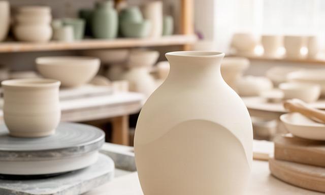 Hand-thrown Welsh ceramic vase with a cream glaze in a bright pottery workshop