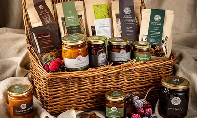 Welsh luxury hamper filled with artisan preserves, chocolate and tea on a linen cloth