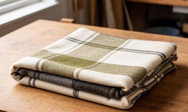 Folded Welsh wool scarf with a subtle check pattern on a wooden studio table