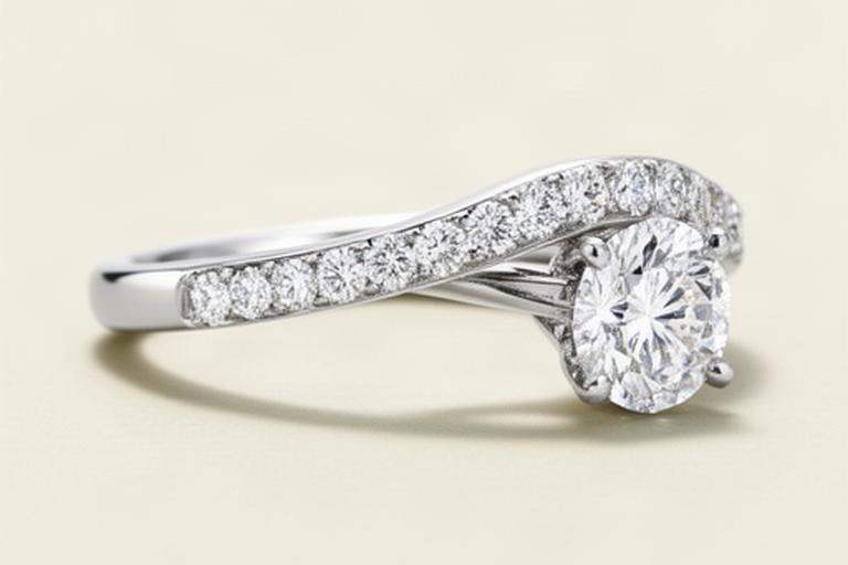 Women's diamond-set wedding band curved to sit with a solitaire engagement ring